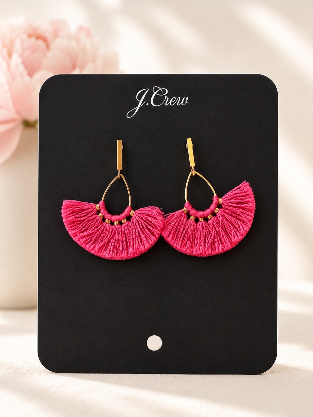 J.Crew Pink Tassel Fan Earrings Gold Tone Statement Boho NWT